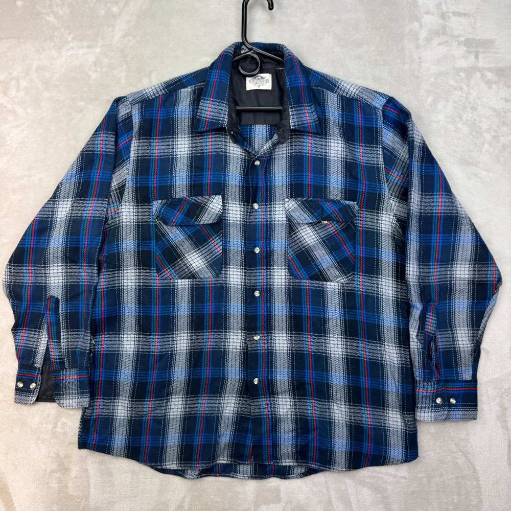 Vintage Sears Fieldmaster Quilted Lined Flannel Shirt Jacket Mens XL Plaid Blue